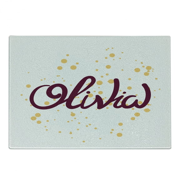 Olivia Cutting Board, Dotted Background with Calligraphic Traditional Female Name Illustration, Decorative Tempered Glass Cutting and Serving Board, Small Size, Maroon and Mustard, by Ambesonne