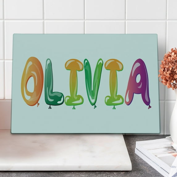 Olivia Cutting Board, Well-Known Traditional Girl Name with Medieval Roots Modern Funny Party Letters, Decorative Tempered Glass Cutting and Serving Board, Large Size, Multicolor, by Ambesonne