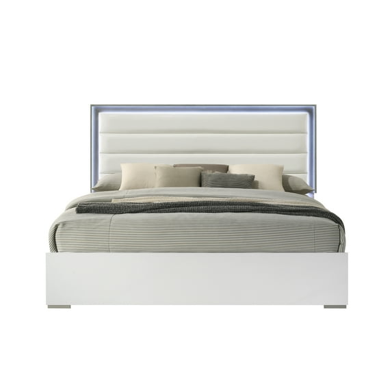 Olivia Full Bed: LED Headboard, White Wood Frame, Full Size, Contemporary Bedroom Furniture (NJ) - Modern Style