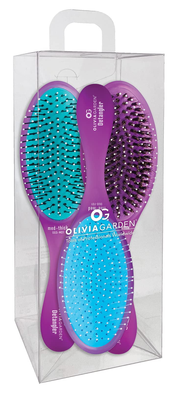 Olivia Garden OG Brush Collection, removable cushion, scalp hugging massages the scalp, 1 fine to medium and 1 medium to thick detangler, 1 smooth and shine styler, for wet or dry hair, Purple 3pc box