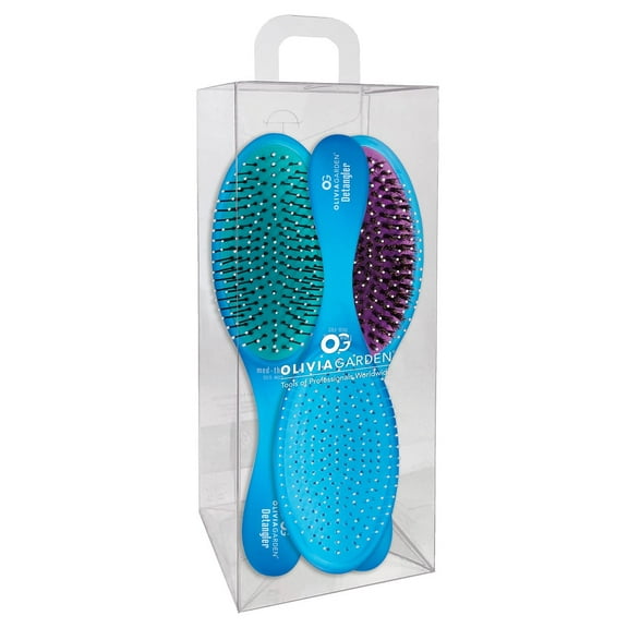 Olivia Garden OG Brush Collection, removable cushion, scalp hugging massages the scalp, 1 fine to medium and 1 medium to thick detangler, 1 smooth and shine styler, for wet or dry hair, Blue 3pc box