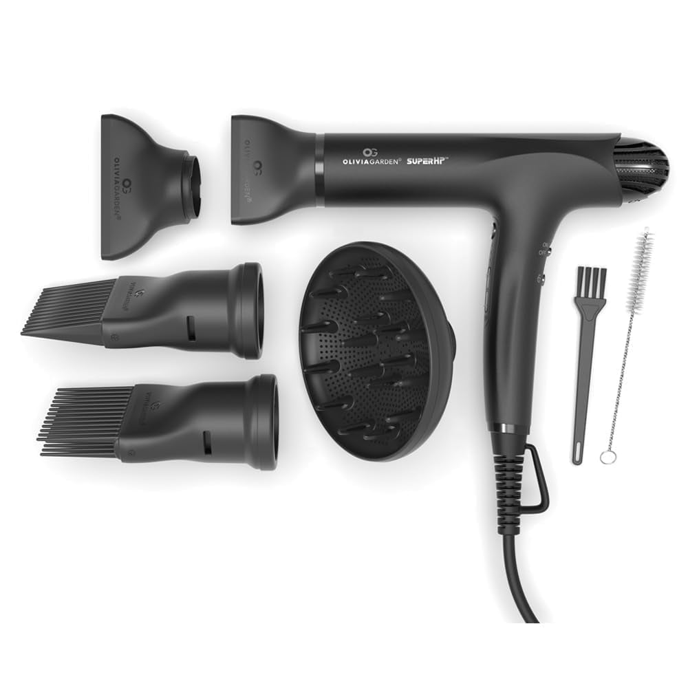 Olivia Garden SuperHP High Performance Professional Hair Dryer 1875 Watts Brushless Motor, Lightweight, Quiet and Powerful with 4 attachments