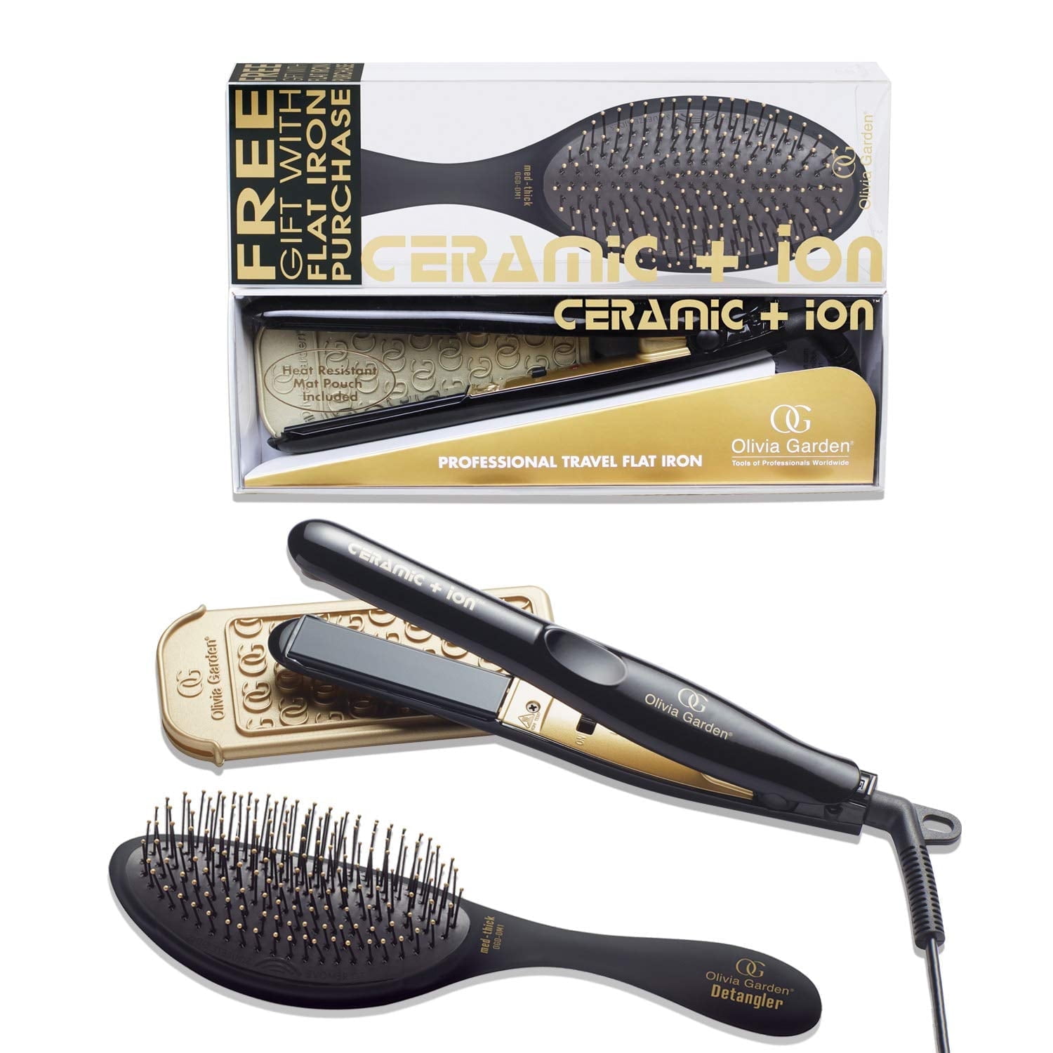 Olivia Garden Travel Size 5/8" Ceramic + Ion Professional Flat Iron Dual Voltage with Heat Resistant Mat/Pouch and Detangling Brush