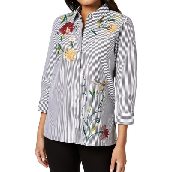 Olivia & Grace Womens Embroidered Button Up Shirt, Black, Small