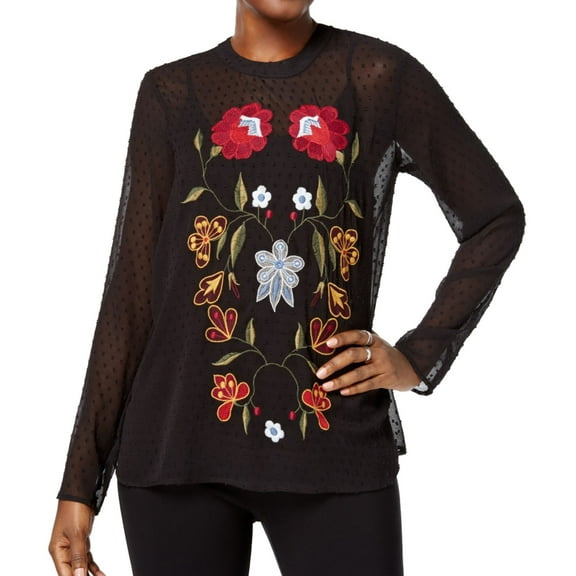Olivia & Grace Womens Embroidered Tunic Blouse, Black, Small