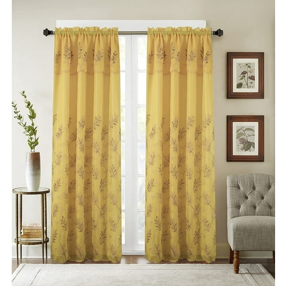 Olivia Gray 54 x 90 Yellow Burton Floral Embroidered Single Rod Pocket Curtain Panel w/Attached Valance, (1x)