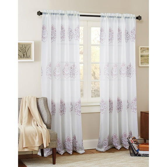 Olivia Gray Bergen Floral Embroidered 54 x 84 in. Single Rod Pocket Curtain Panel in Lilac