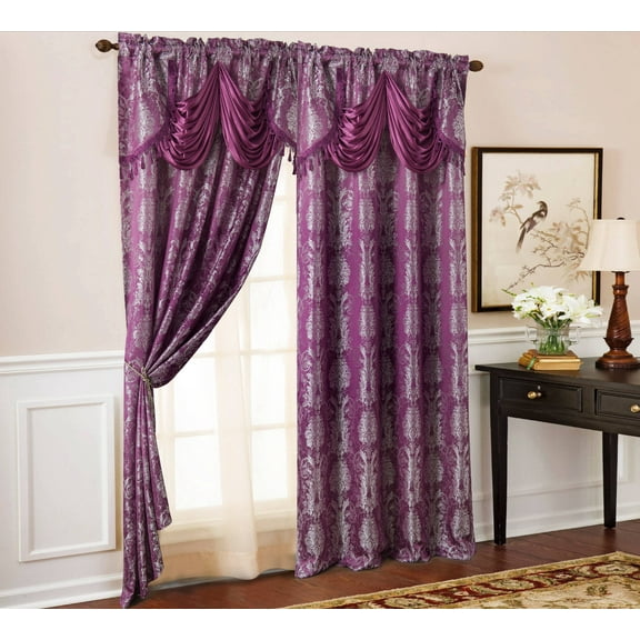 Olivia Gray Gloria Floral/Damask Textured Jacquard 54 x 84 in. Single Rod Pocket Curtain Panel w/ Attached 18 in. Valance in Lilac