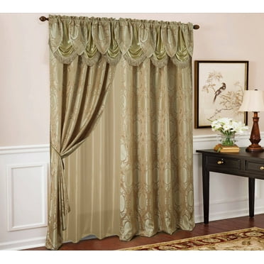 Olivia Gray Kenyon Damask Textured Jacquard 54 x 84 in. Single Rod Pocket Curtain Panel w/ Attached 18 in. Valance in Taupe