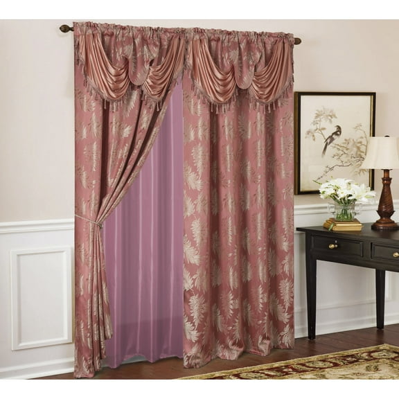 Olivia Gray Palm Floral Textured Jacquard 54 x 84 in. Single Rod Pocket Curtain Panel w/ Attached 18 in. Valance in Rose