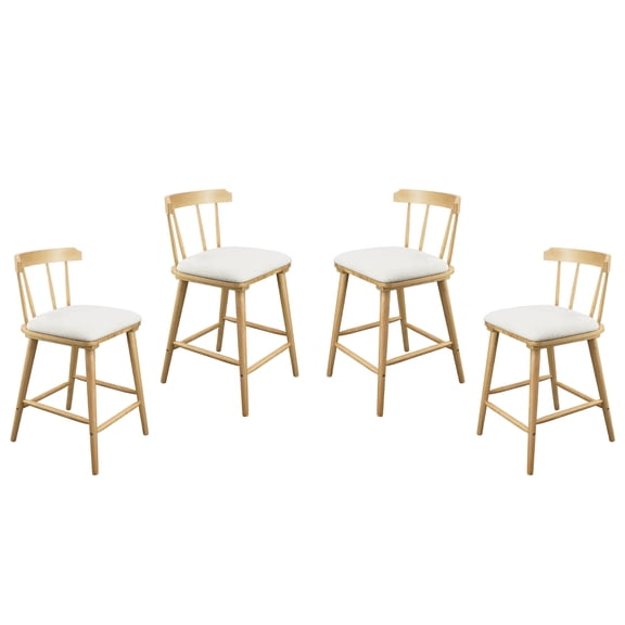 Olivia Indoor Wooden Upholstered Counter Stool, Natural Finish with Beige Upholstery, Windsor Style, Set of 4