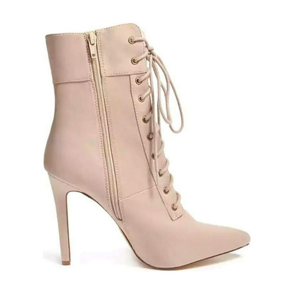 Olivia Jaymes Womens Pointed Toe Lace Up High Heel Stiletto Ankle Boots Satisfied Fashion Boot - Nude
