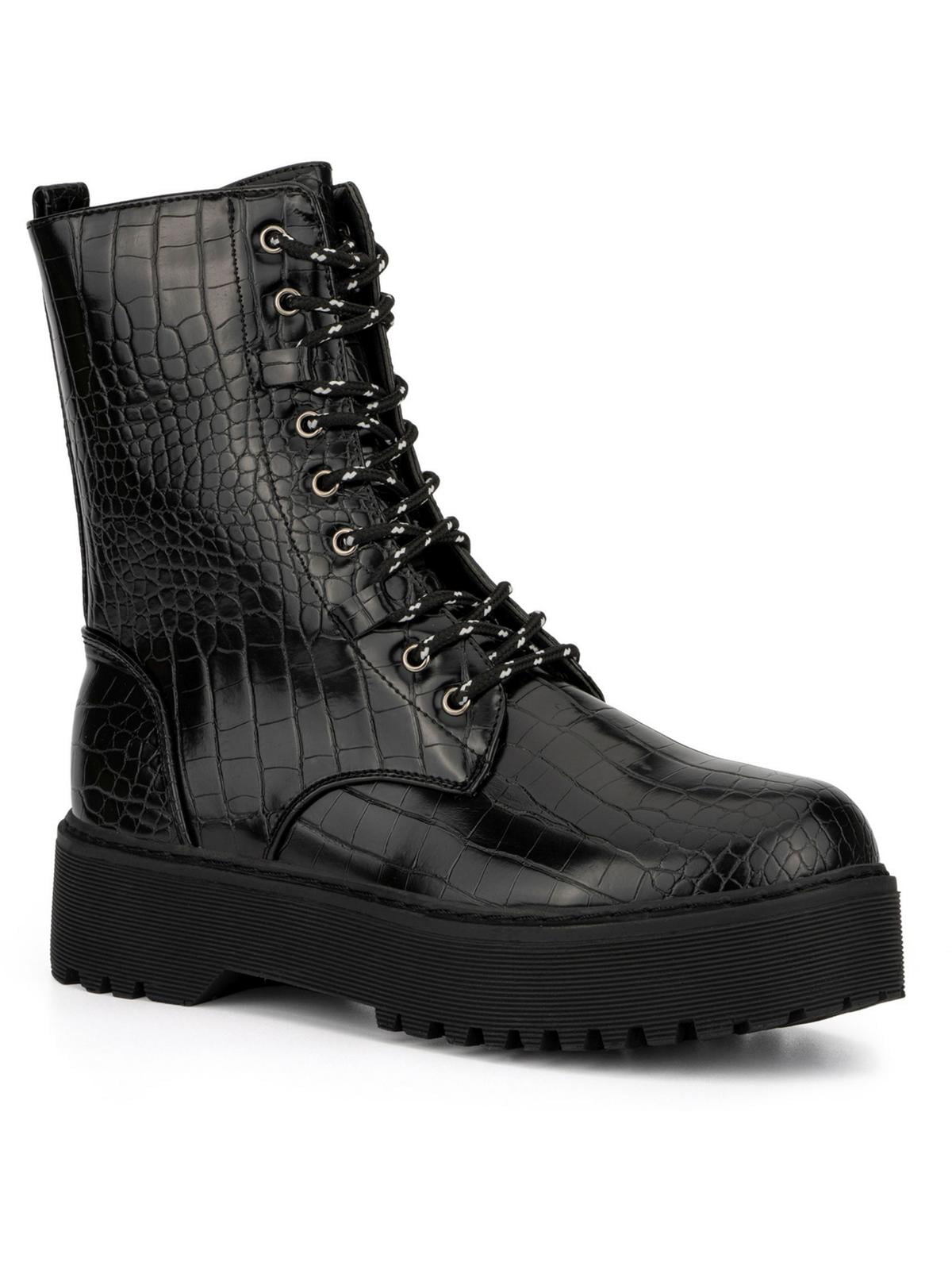 Olivia Miller Womens Freya Faux Leather Animal Print Combat Lace up Boots Walmart