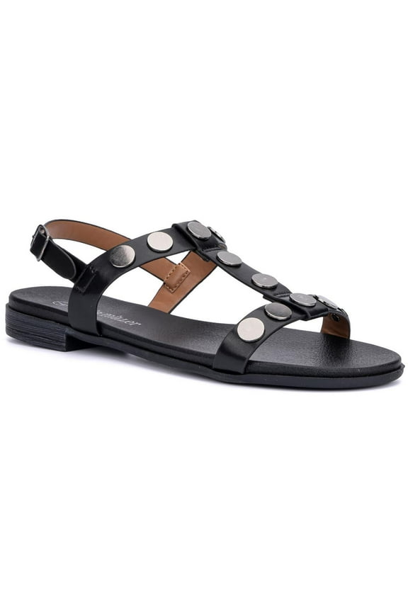 Womens Lyra Faux Leather Studded T-Strap Sandals
