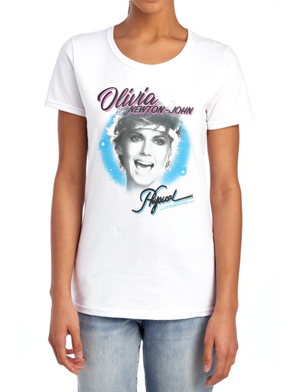 Olivia Newton-John Lets Get Physical Airbrushed Women's T Shirt, White, Large