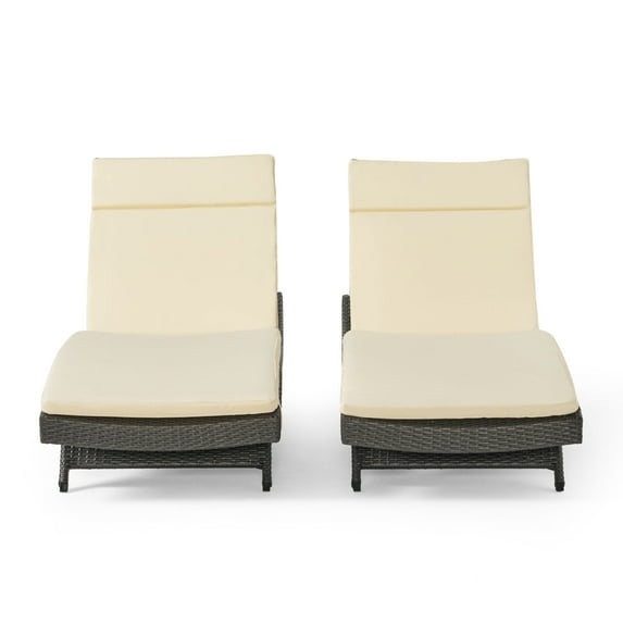 Olivia Outdoor Wicker Adjustable Armless Chaise Lounges with Cushion, Set of 2, Gray and Beige