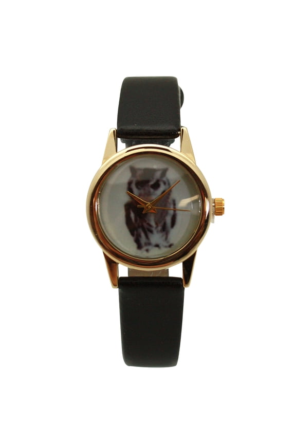 Owl Drawing Face Faux Leather Band Women Watch