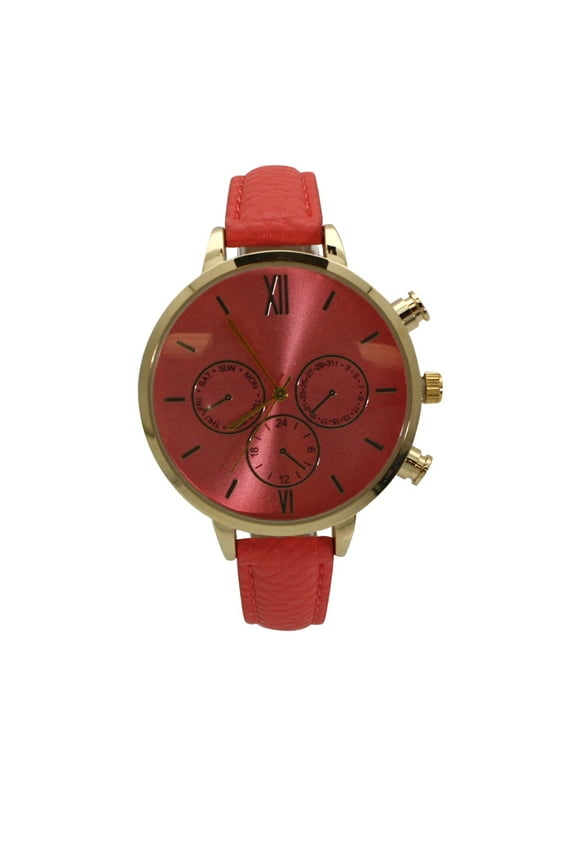 Three Subdial Gold Accented Leather Strap Watch