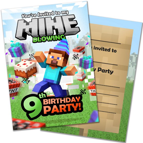 Olivia Samuel 20 Pack of 9th Birthday Invitations - Mine Blocks Design Age 9 Animated inspired Design Ready to Write with Envelopes Designed and Printed in the UK