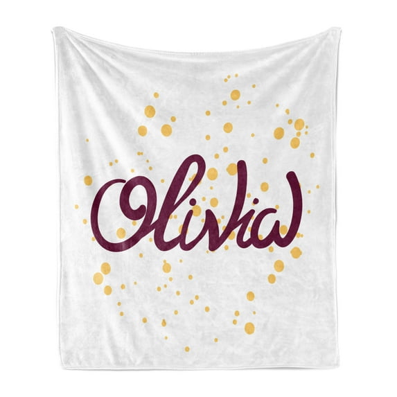 Olivia Soft Flannel Fleece Throw Blanket, Dotted Background with Calligraphic Traditional Female Name Illustration, Cozy Plush for Indoor and Outdoor Use, 50" x 70", Maroon and Mustard, by Ambesonne