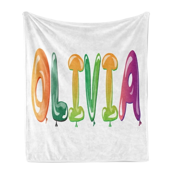 Olivia Soft Flannel Fleece Throw Blanket, Well-Known Traditional Girl Name with Medieval Roots Modern Funny Party Letters, Cozy Plush for Indoor and Outdoor Use, 50" x 70", Multicolor, by Ambesonne