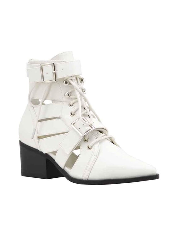 Olivia and Jaymes Open Toe Lace Up Ankle Booties Block Chunky Heel 10, White