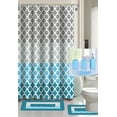 thumbnail image 1 of Olivia blue Bathroom rug, mat non slip soft shaggy with shower curtain 12 hook and 4 pc matching ceramic accessories toothbrush holder, toothpaste holder, soap pump and soap dish, 1 of 2