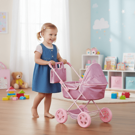 Olivia's Little World Baby Doll Bassinet Pram with Cover with Retractable Canopy & Storage, Hot Pink Glitter