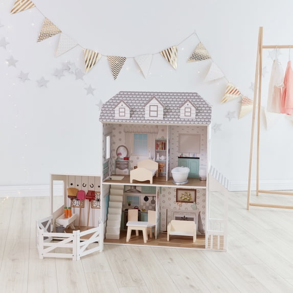 Olivia's Little World Dreamland 2-Story Farmhouse Dollhouse with 12-pc Accessory Set for 12" Dolls
