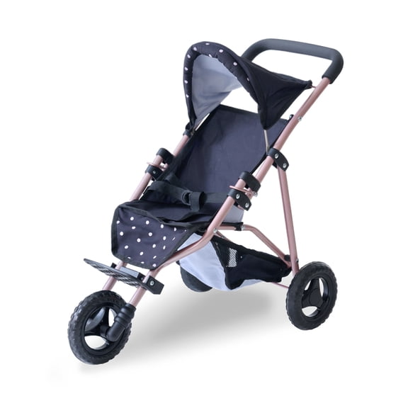 Olivia's Little World Foldable Baby Doll Jogging Stroller with Canopy and Storage – Pink Polka Dot Design Fits 15-18 Inch Dolls, Pretend Play Toy for Girls Ages 3-6