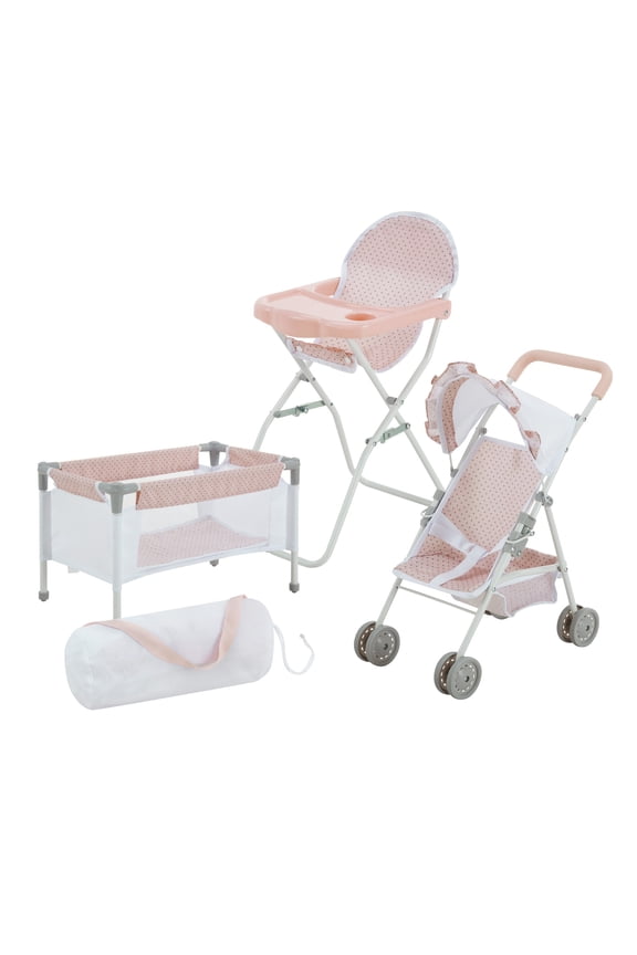 Olivia's Little World Polka Dot Princess Baby Doll 3pc Nursery Set - Crib, Highchair & Stroller, Pink & Gray
