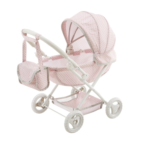 Olivia's Little World Polka Dot Princess Baby Doll Pram Stroller with Retractable Canopy & Storage, Pink