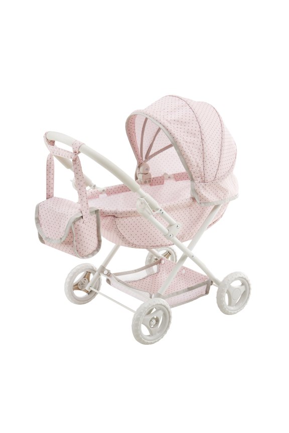 Polka Dot Princess Baby Doll Pram Stroller with Retractable Canopy & Storage, Pink