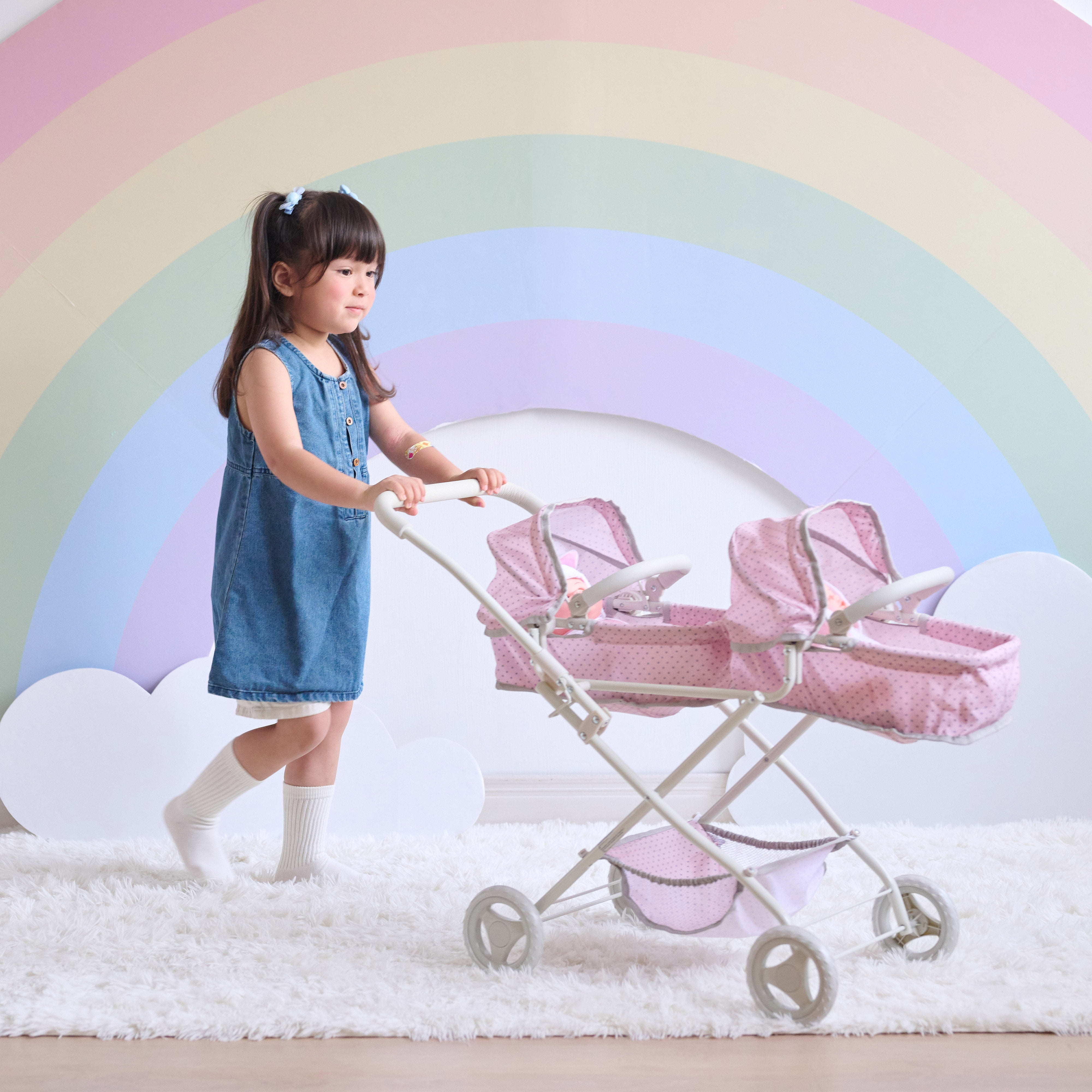 Olivia's Little World Polka Dot Princess Baby Doll Twin Bassinet Stroller with Retractable Canopy & Storage, Pink/Gray