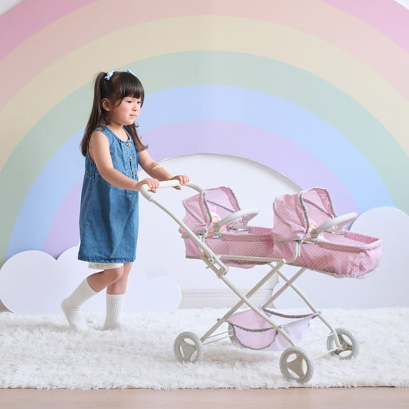Olivia's Little World Polka Dot Princess Baby Doll Twin Bassinet Stroller with Retractable Canopy & Storage, Pink/Gray