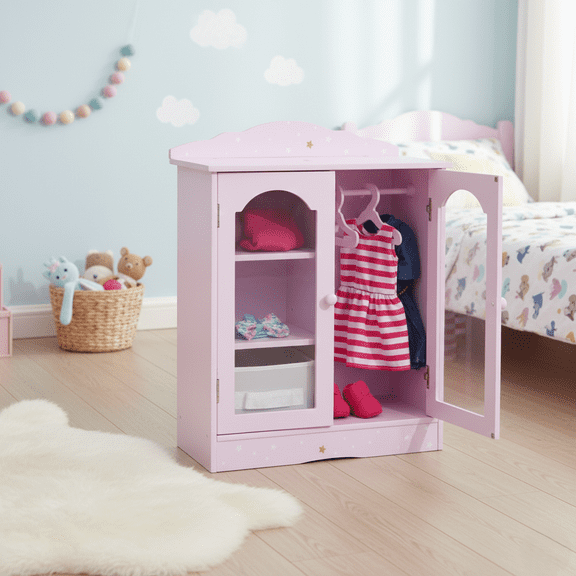 Olivia's Little World Twinkle Stars Princess Wooden Closet with Hangers for 18" Dolls