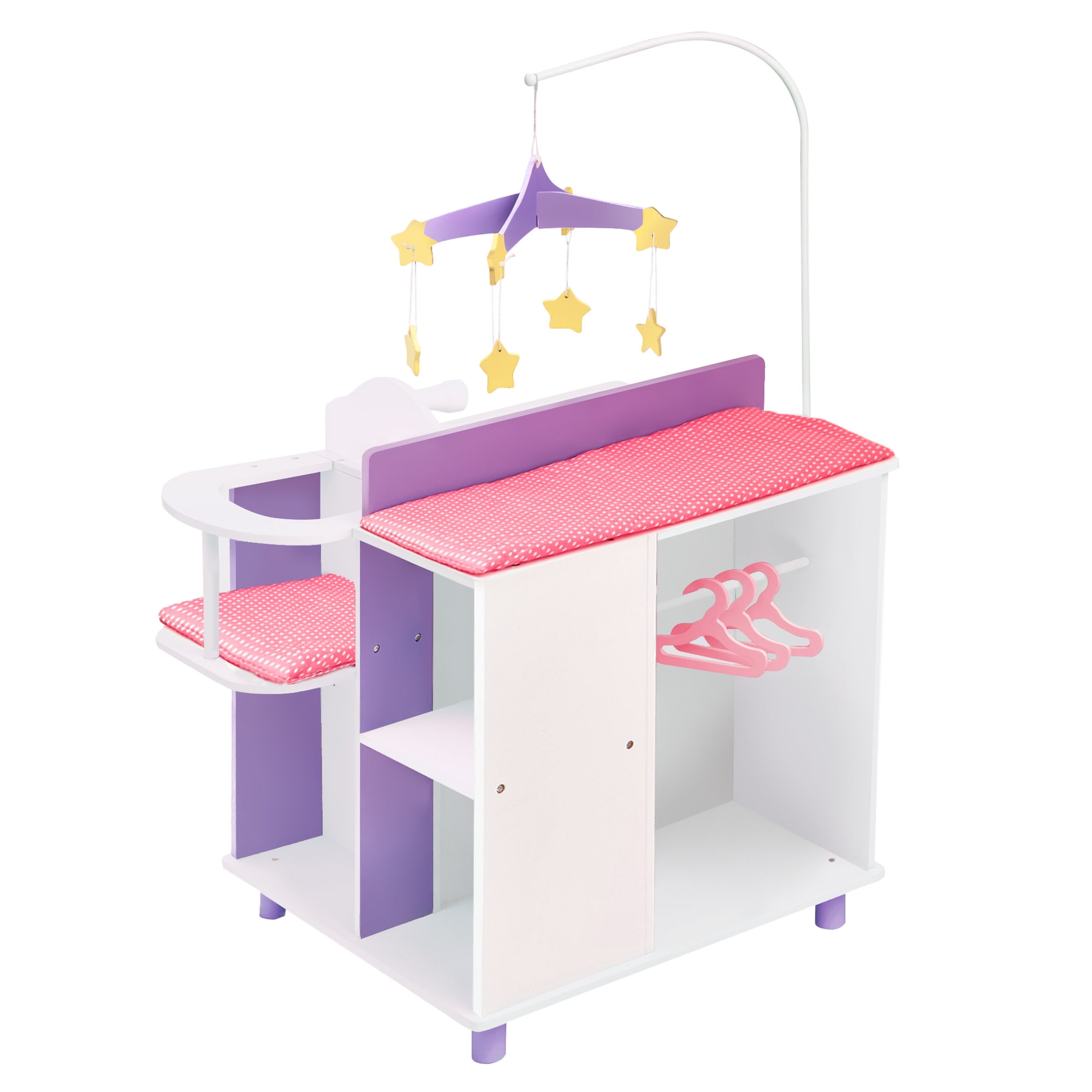 White and Purple Wooden Baby Doll Changing Station with Storage