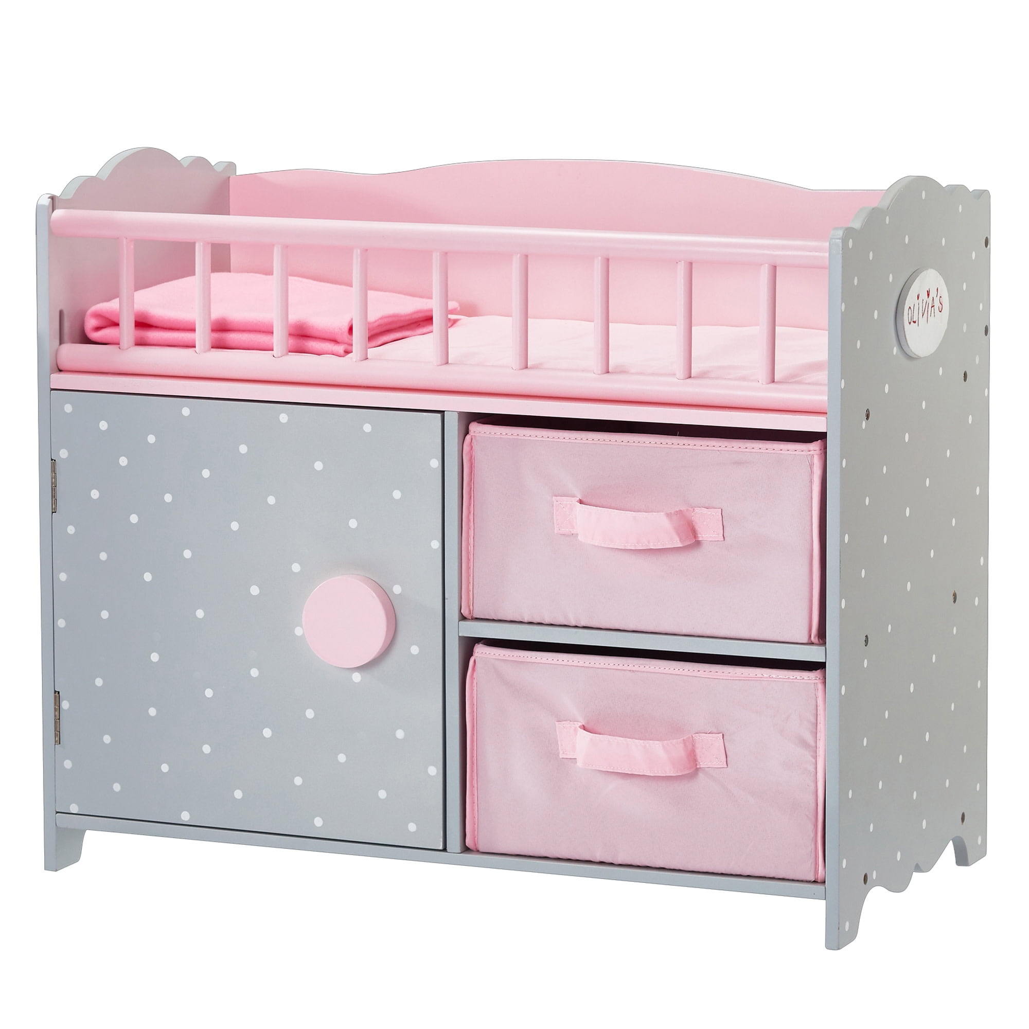 Pink and Gray Wooden Baby Doll Crib with Storage