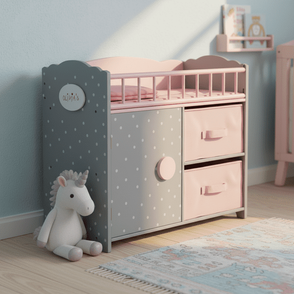 Olivia's Little World Wooden Baby Doll Crib Bed& Cabinet, Pink/Gray