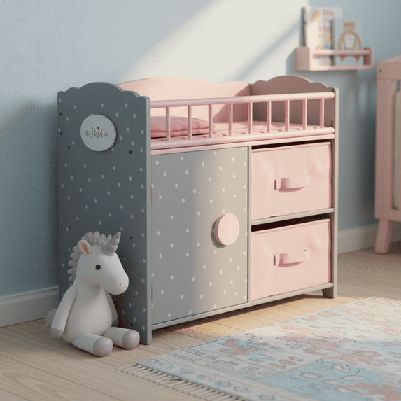Olivia's Little World Wooden Baby Doll Crib Bed& Cabinet, Pink/Gray