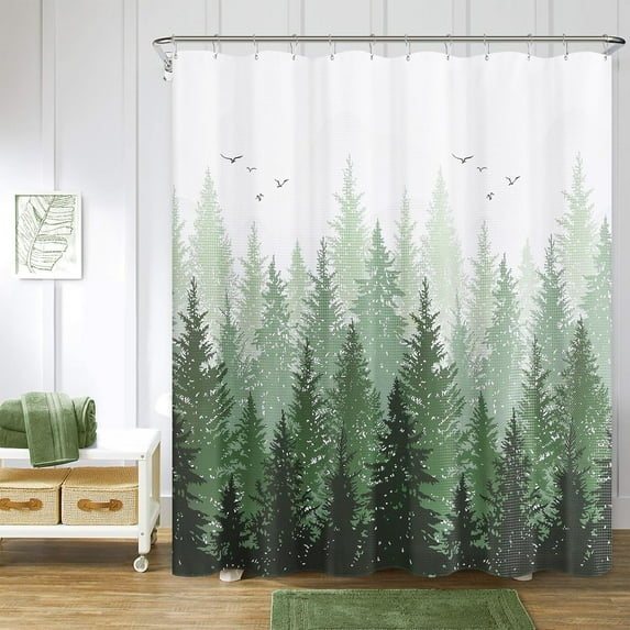 Olivie Green Misty Forest Mountain Nature Tree Fabric Shower Curtains for Bathroom Waterproof Heavy Duty Green and White Woohitedland Shower Curtain Bathtubs Hotel, 72 x 72 inch