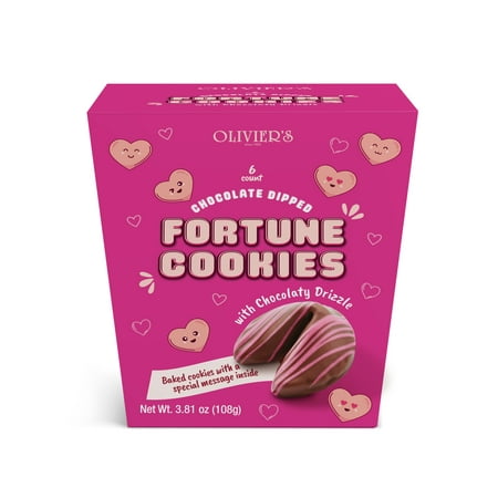 Olivier's Milk Chocolatey Fortune Cookies with Pink Drizzle, Individually Wrapped, Baked with Special Messages, 6 Count