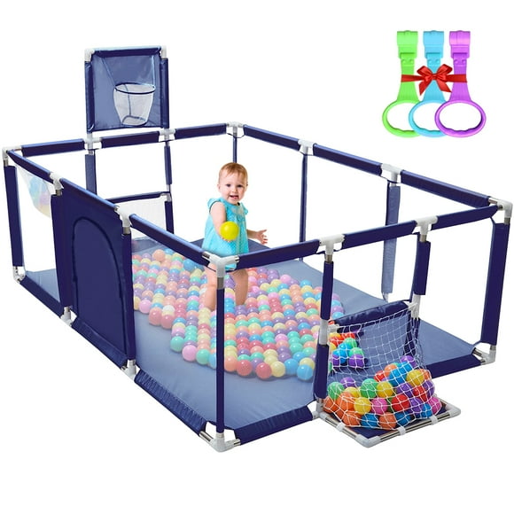 Olizee Baby Playpen, Play Pens for Babies and Toddlers, Portable Safety Playard Fence with Basketball Hoop, Breathable Mesh, 90 x 41 inch, Blue
