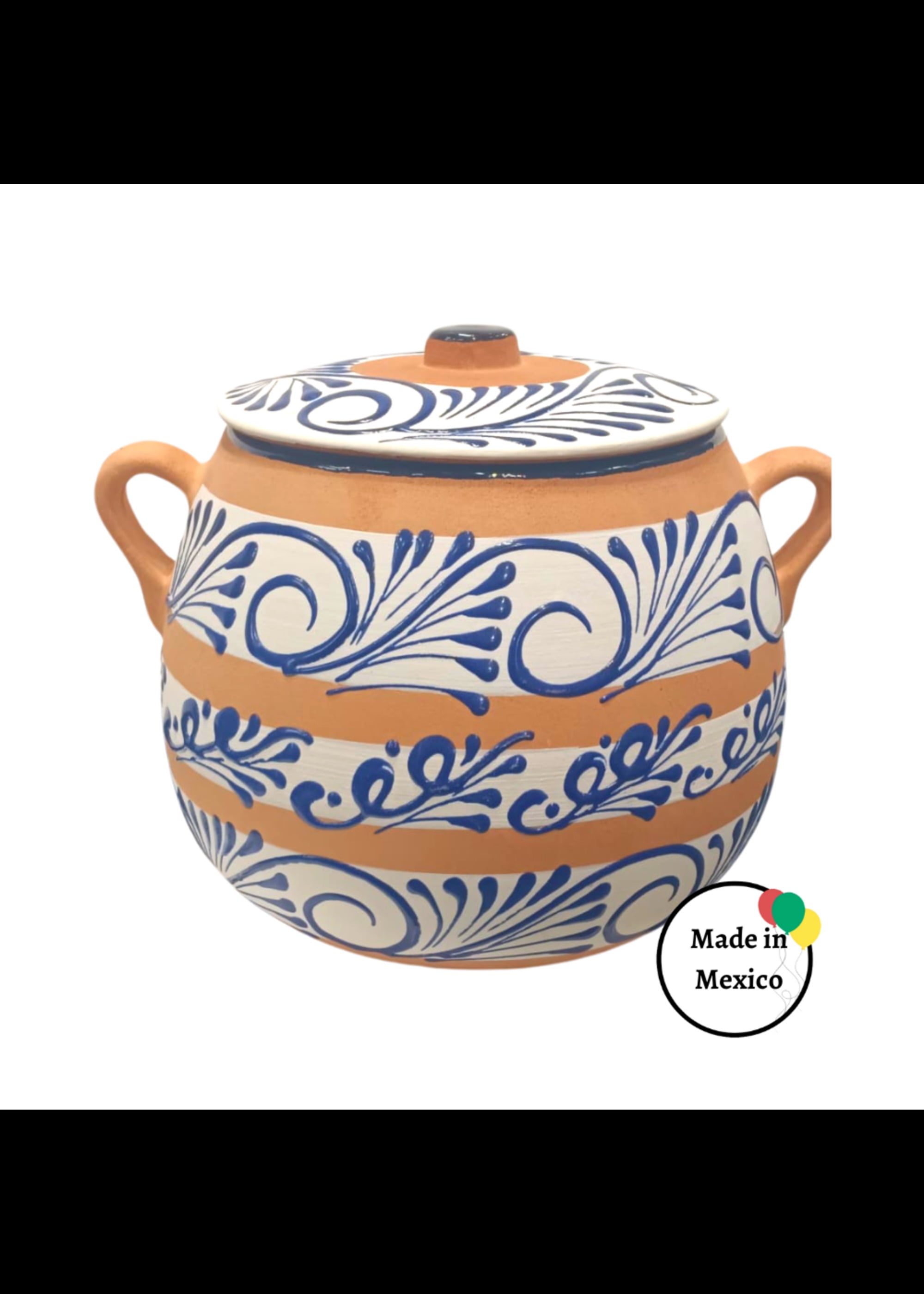 Olla De Barro con tapa azul decorado de azul