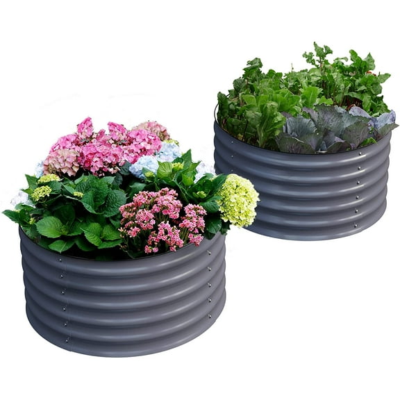 Olle 2 Pack 17" Tall Durable Round Raised Garden Bed Raised Beds for Gardening, Vegetable Planter Boxes Outdoor Raised Garden Boxes for Herbs, Veggies, Flowers, Mid-Grey 24" X 17"
