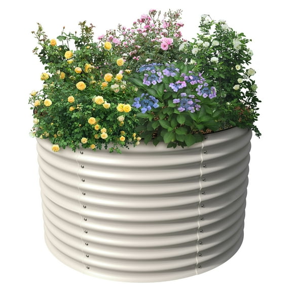Olle 32" Tall, Olle Raised Beds for Gardening Galvanized Raised Garden Beds Round Garden Bed Metal Flower Bed Outdoor, Backyard Garden Planter Box, Ivory