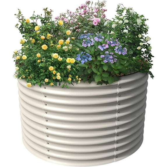 Olle 32" Tall, Raised Beds for Gardening Galvanized Raised Garden Beds Round Garden Bed Metal Flower Bed Outdoor, Backyard Garden Planter Box, Ivory