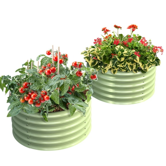 OLLE TWIN ROUND METAL GARDEN BEDS VEGETABLES 17" TALL 24" X 17" -SAGE GREEN