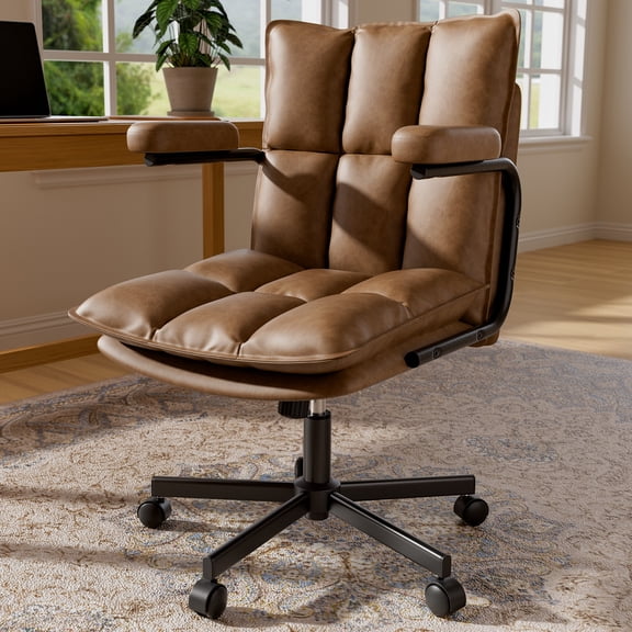 ioohug Brown Office Chair, Mid Century Modern Desk Chair with Arms, Thickend Back and Seat, Adjustable Height, Wheels, Vintage Leather Computer Chair for Home, Office，300LBS