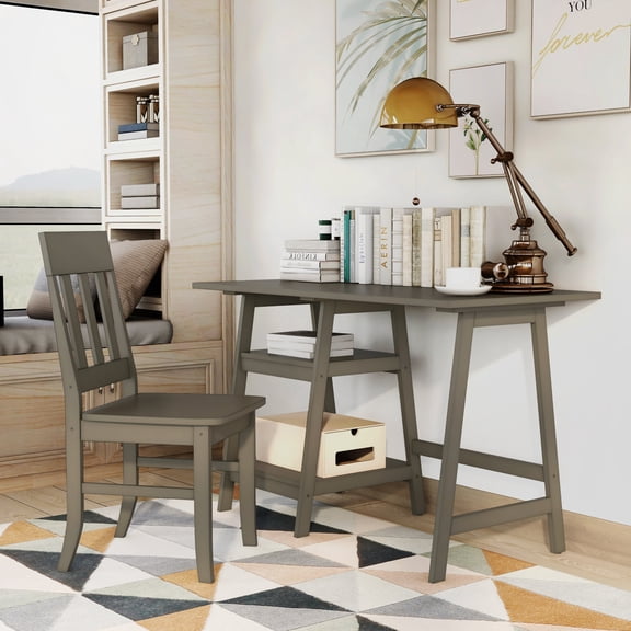 Oller Solid Wood 2-Piece Writing Desk Set with Shelf, Gray